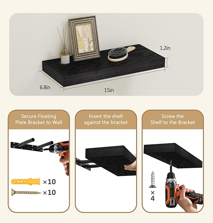 Vervida® Black Floating Shelves for Wall, Rustic Wood Wall Mounted Shelves with Invisible Brackets for Decor & Storage, Floating Shelf for Living Room, Bathroom (Set of 2)