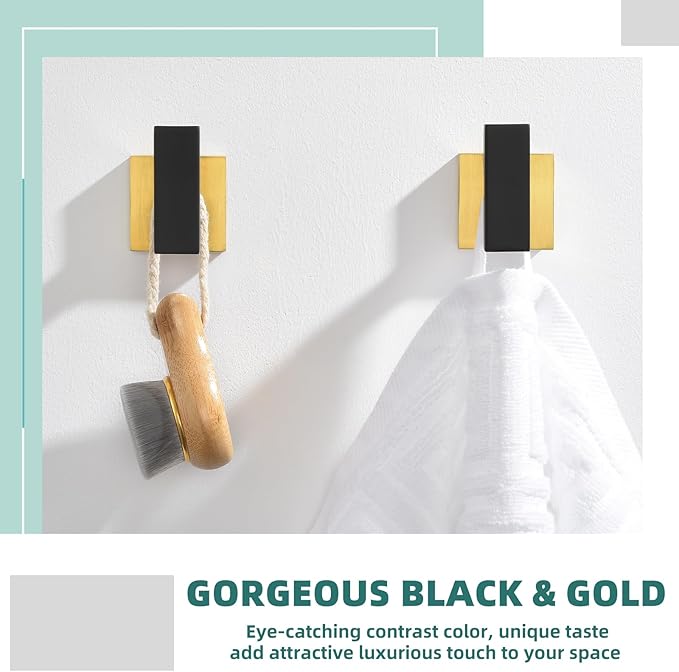 APLusee Robe Towel Hook 2 Pack Black Gold, 304 Stainless Steel Square Coat Hook, Bathroom Kitchen Towel Hanger Wall Mounted
