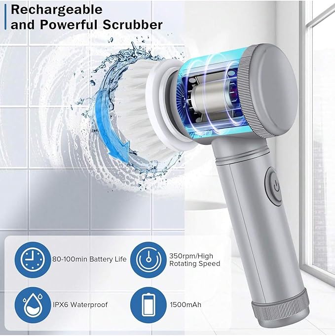 Electric Cleaning Brush, Rechargeable Multifunctional Scrubber for Kitchen and Bathroom, IPX6 Waterproof, 350rpm High Speed, 1500mAh Battery, with Multiple Brush Heads (white, 5 brush heads)