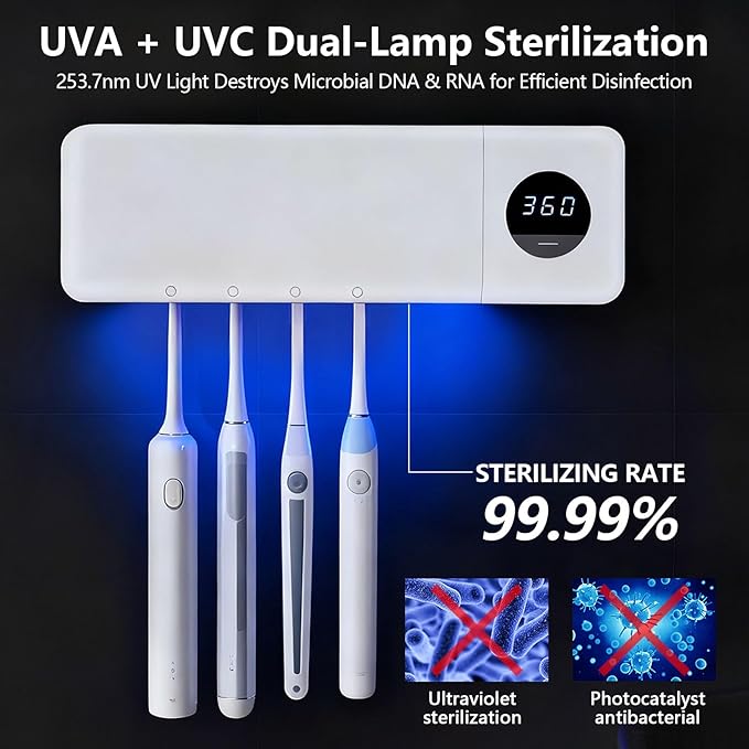 Wall Mounted Toothbrush Holder,UV Toothbrush Holders,No Drilling Wall Mounted Toothbrush Sanitizer Cleaner 4 Slots,Fan Drying Smart & 360s Timer Function for Smart Home Bathroom Accessories.