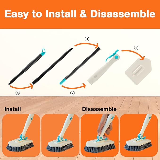 3 in 1 Scrub Cleaning Brush with Long Handle 51'' - Shower Bathtub Tub & Tile Scrubber Brush Include 1 Stiff Brush Head & 3 Scouring Pads & 3 Microfiber Clothes, for Wall Bathroom Glass Bathtub(White)