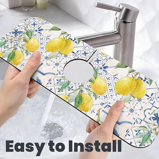 Lemon Mexican Blue Tilt Kitchen Sink Splash Guard Faucet Mat 1 Pcs, Absorbent Fast Drying Mat Gadgets Splash Guard For Bathroom 15 X 5.5 Inches