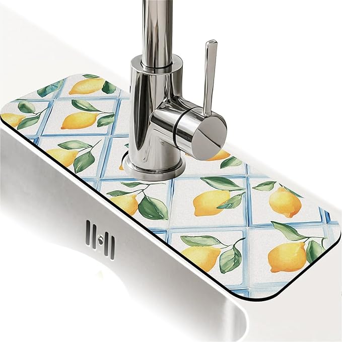 Kitchen Sink Splash Guard，Tiles and lemons Faucet Mat Sink Gadgets-Super Absorbent Fast Drying Mat Drip Catcher for Kitchen, Bathroom,Sink Mat, Dish Drying Mat, Bathroom(15" X 5.5" )