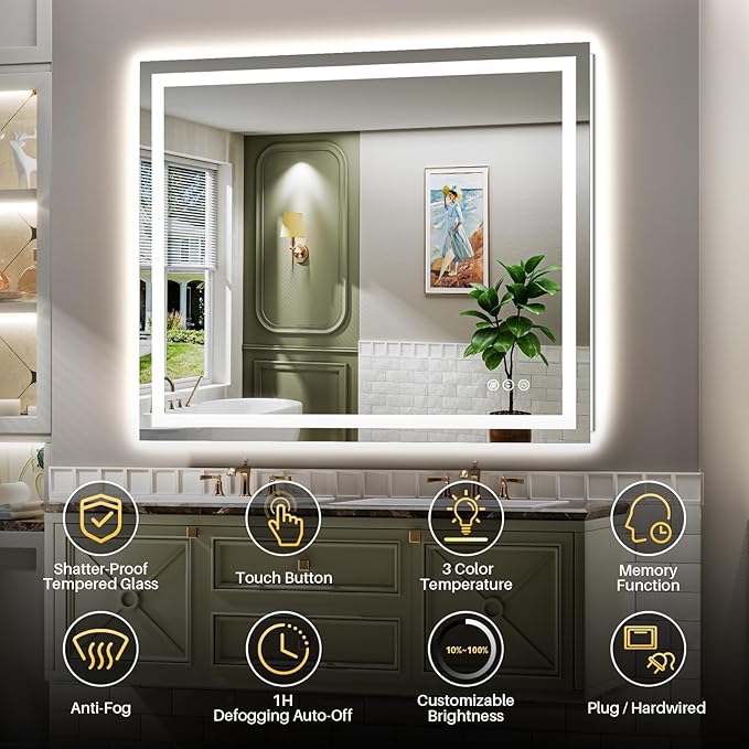 48"x38" LED Bathroom Mirror with Lights, Backlit & Front Lit, Lighted Wall Mirrors for Bathroom Vanity, Touch Screen Dimmable, Anti-Fog, Memory Function, HD Tempered Glass, Shatter-Proof, ETL Listed