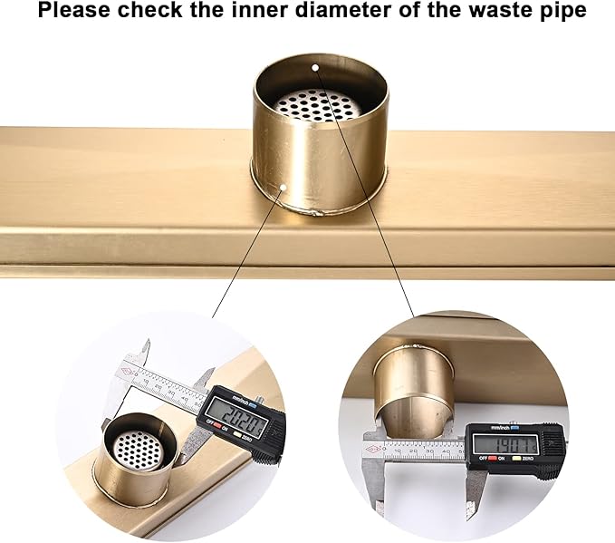 Linear Shower Floor Drain, Brushed Gold 32 Inch 304 Stainless Steel Bathroom Drains Kit, Rectangular Shower Trench Drain with Reversable Tile-in Pattern Drain Cover & Hair Catcher