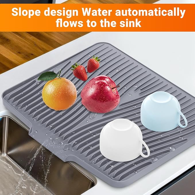 Silicone Dish Drying Mat for Kitchen Counter, 15.8" x 13"Dish Drying Pad, Non-Slip Drain Pad with Built-in Drain, Heat Resistant Stone Drying Mat, Grey