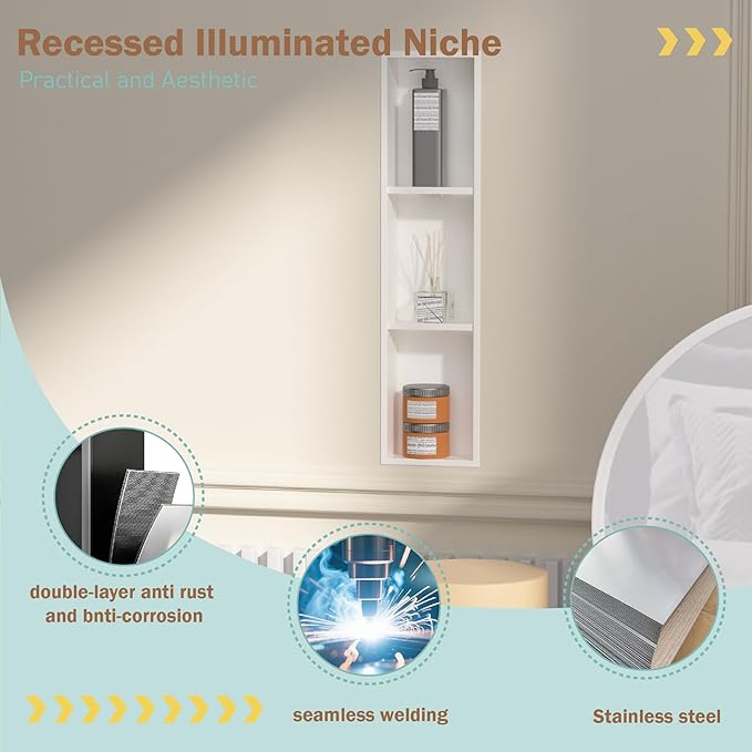 Narrow Shower Niche with Shelf，Stainless Steel recessed Wall Niche ，Three-Tier Shelves with Bathroom Storage/Remodel， Matte White （ 8"x 36"）
