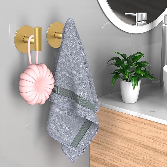 PMMASTO Adhesive Hooks, Matte Stainless Steel Sticky Hooks for Hanging, Self Adhesive Shower Wall Hooks, Towel Hooks Heavy Duty for Bathroom, Bedroom RV and Kitchen (Gold “T ”Shape 2PC-R)