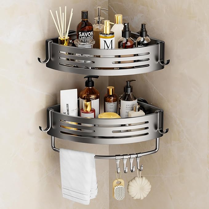 Corner Shower Caddy Suction Cup, 2 Pack Shower Shelves Corner No Drilling, Aluminum Shower Organizer Suction Cup, Removable Bathroom Storage Rack with Towel Bar & Hooks(Gray)
