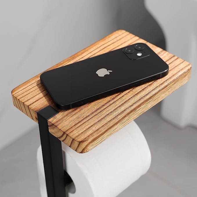 Holder Phone Toilet Paper Holder Stand - Toilet Paper Stand for 3 Rolls with Anti-Slip Base and Wood Shelf for Wipes, Natural Bathroom Decor