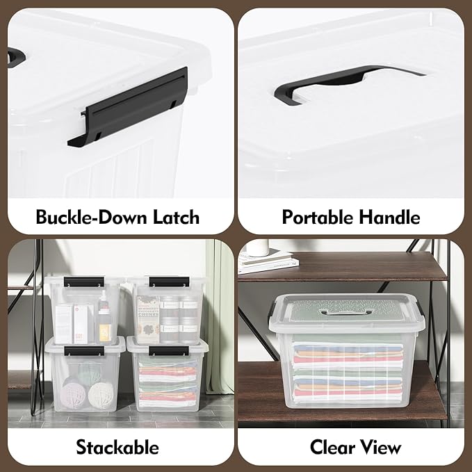 4 Pack Plastic Storage Boxes, Lidded Storage Bins with Handle, 20L, Clear