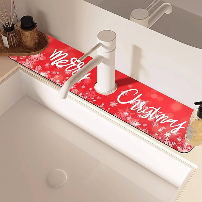 Merry Christmas Snowflake Kitchen Sink Splash Guard Mat Absorbent Fast Drying Mat Faucet Draining Mat Sink Splash Guard Behind Faucet Drip Catcher for Kitchen Bathroom 5.5"×24"