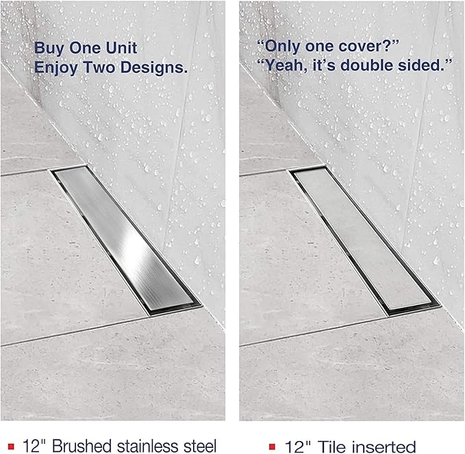 Neodrain 12-Inch Brushed Linear Shower Drain, 2-in-1 Flat & Tile Insert Cover, Stainless Steel Linear Drain, Brushed Rectangle Shower Floor Drain with Hair Strainer, Shower Drain Base