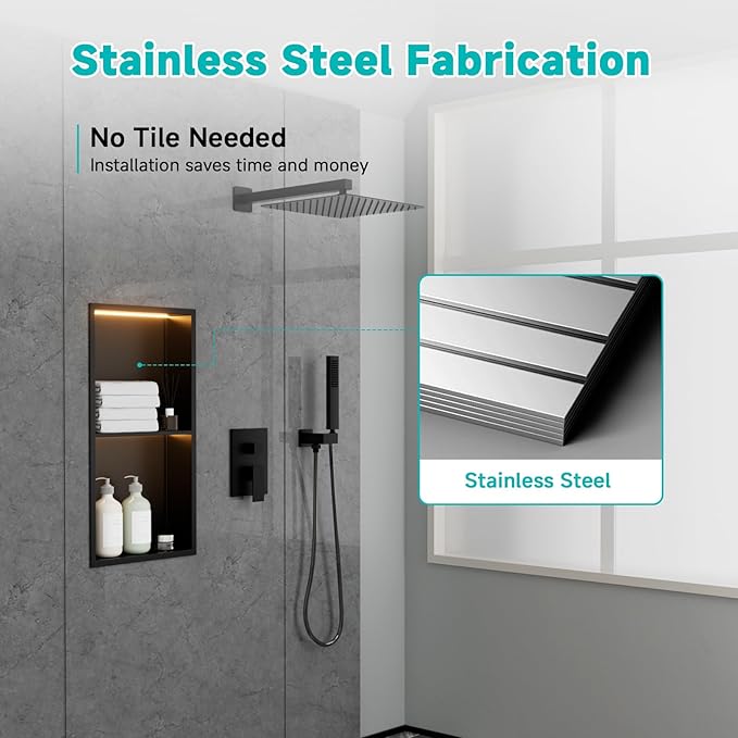 12" X 24" Stainless Steel Shower Niche with LED Lights, Matte Black Double Shelves Recessed Shower Niche No Tile Needed for Bathroom/Bedroom Storage