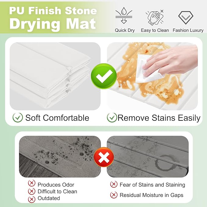 Large Stone Drying Mat for Kitchen Counter, Ultra Absorbent Diatomaceous Earth Mat with PU Leather Cover Stain-resistant Quick Dry/Foldable, Collapsible Dish Mats for Dishes Cups 23.6"x15.3"