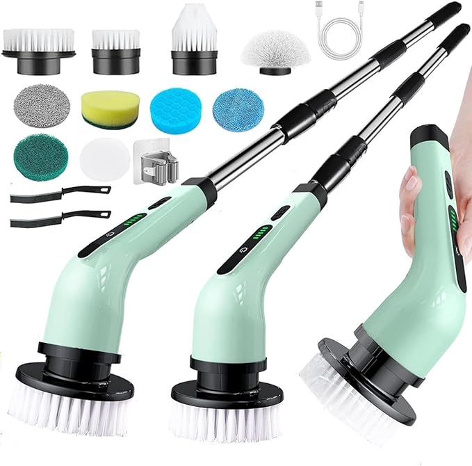 Electric Spin Scrubber Cordless Cleaning Brush with Extension Handle, 2 Adjustable Speeds, Shower Scrubber with 10 Replaceable Brush Heads, IPX7 Waterproof Power Scrubber for Bathtub Tile Floor, Green