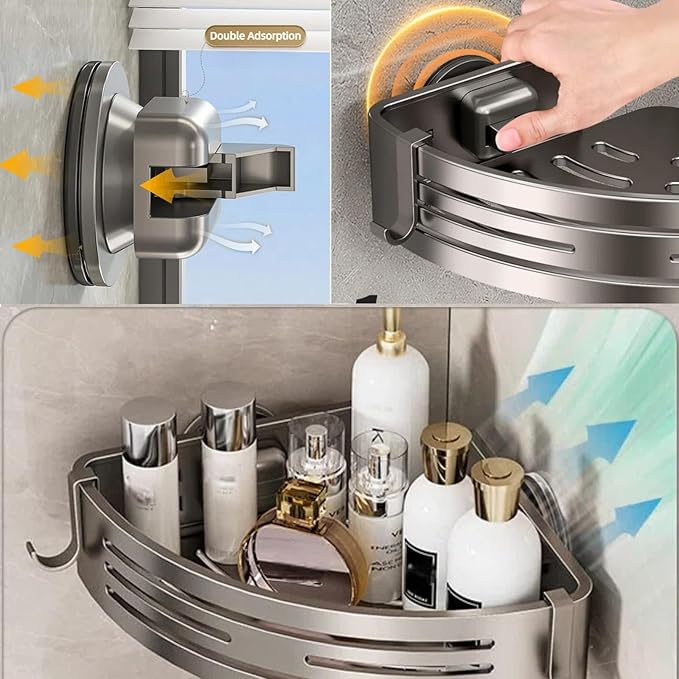 Corner Shower Shelf Caddy Suction Cup, No Drill Hole with Towel Bar and Hook, Gray Bathroom Storage Rack, Zero Drill Triangle Shelves, Store Toiletries and Bath Towel for Bathroom Kitchen RV