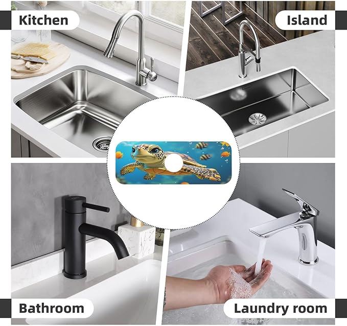 Turtle Ocean Life 15" X 5.5" Kitchen Sink Splash Guard, Faucet Guard Draining Mat, Faucet Suction Pad For Kitchen Bathroom