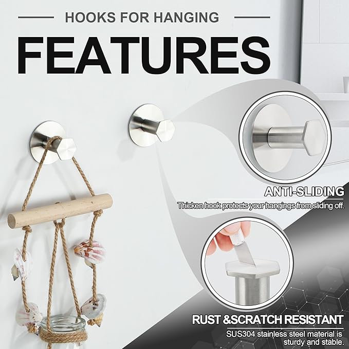 SAYAYO Adhesive Hooks for Hanging Coat, Hat, Robe, Brushes, Stick on Towel Hooks for Bathroom Kitchen, Waterproof SUS304 Stainless Steel Sticky Wall Hooks, No Nails, 4 Pack, Brushed Nickel