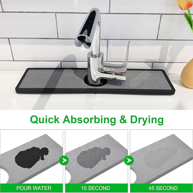 Gosmol Faucet mat for Kitchen Sink, Silicone & Stone Drying Mat for Kitchen Sink, Water Absorbing Stone Tray for Sink, Prevents Moisture Buildup - Sink Splash Guard for Bathroom Counter -Black