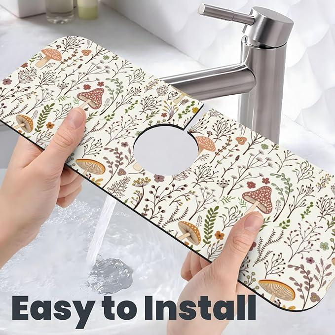 Cute Mushroom Wild Plant Kitchen Sink Splash Guard Faucet Mat 1 Pcs, Absorbent Fast Drying Mat Gadgets Splash Guard For Bathroom 15 X 5.5 Inches