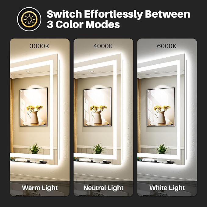 44"x36" LED Bathroom Mirror with Lights, Backlit & Front Lit, Anti-Fog Lighted Bathroom Vanity Mirror for Wall, Memory Function, Dimmable, HD Tempered Glass, Shatter-Proof