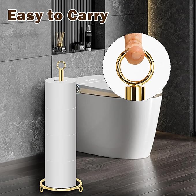 Bath Toilet Paper Holder, Metal Toilet Tissue Roll Organizer Storage, Tissue Paper Holder Stand for Bathroom/Kitchen Countertop (21” H, Gold)