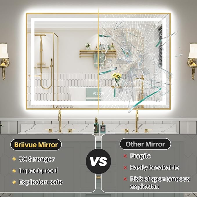 60x36 Inch LED Bathroom Mirror with Gold Frame, Backlit & Front Lit, Anti-Fog Lighted Bathroom Vanity Mirror for Wall, Memory Function, Dimmable, HD Tempered Glass, Shatter-Proof