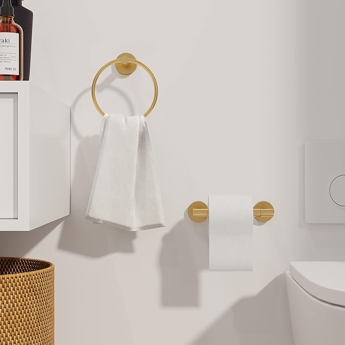 Gold Toilet Paper Holder & Towel Ring SUS304 Stainless Steel 2pc Bathroom Hardware Set with Double Post Pivoting Toilet Paper Roll Holder Wall Mount & Bathroom Towel Holder Set