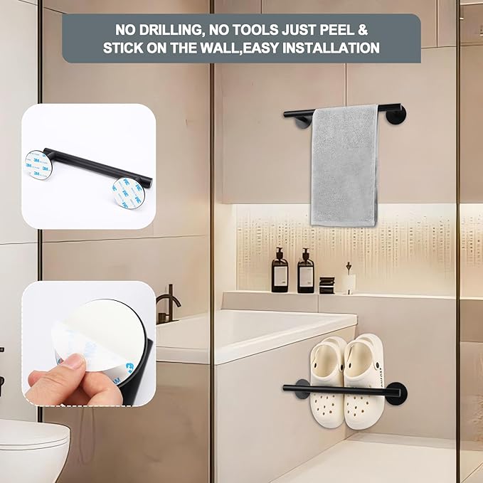 9 Inch 304 SL Matte Black Towel Racks for Bathroom and Kitchen - 3M Adhesive Cabinet Towel Holder, Small Bathroom Decor, Essential Black Bathroom Accessories