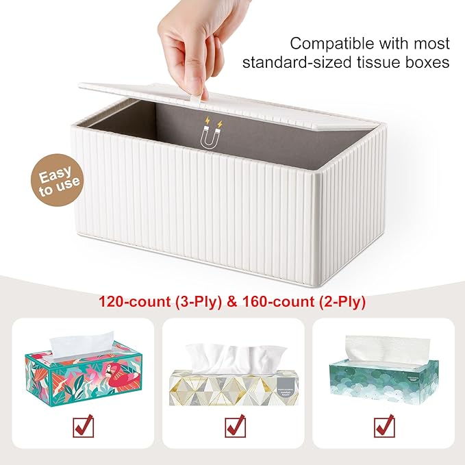 KINGFOM PU Leather Tissue Box Cover Rectangular Tissue Box Holder with Magnetic Bottom, Napkin & Facial Tissue Holder Dispenser for Home, Office (Decorative Pattern-PU Leather, Off-White Stripe)