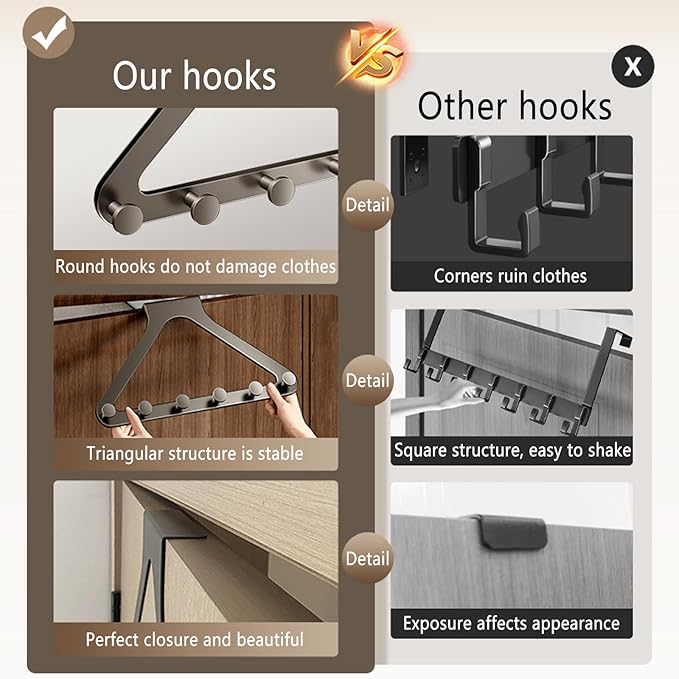 Grey Door Hook Metal Material Integrated Triangle 6 Hooks for Hanging Clothes, Hats, Hangers, Wallets, Towels, Keys on The Door