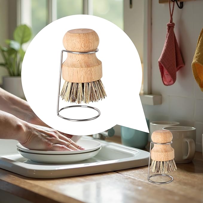 Dish Brush - Bristles Scrubber Cleaner with Wooden Handle and Drain Rack, 3.15x2.17 inches, Multipurpose Dish Brush for Pans, Shower, Bathroom, Grout, Tile, and General Cleaning