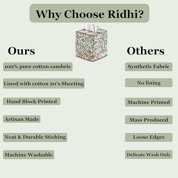 Ridhi Goldenrod Yellow Block Print Tissue Box Cover – Handmade Cotton Fabric Tissue Holder for Home Bedroom Living Room Bathroom Vanity Car Nightstand Office Kitchen – Decorative Square Napkin Holder