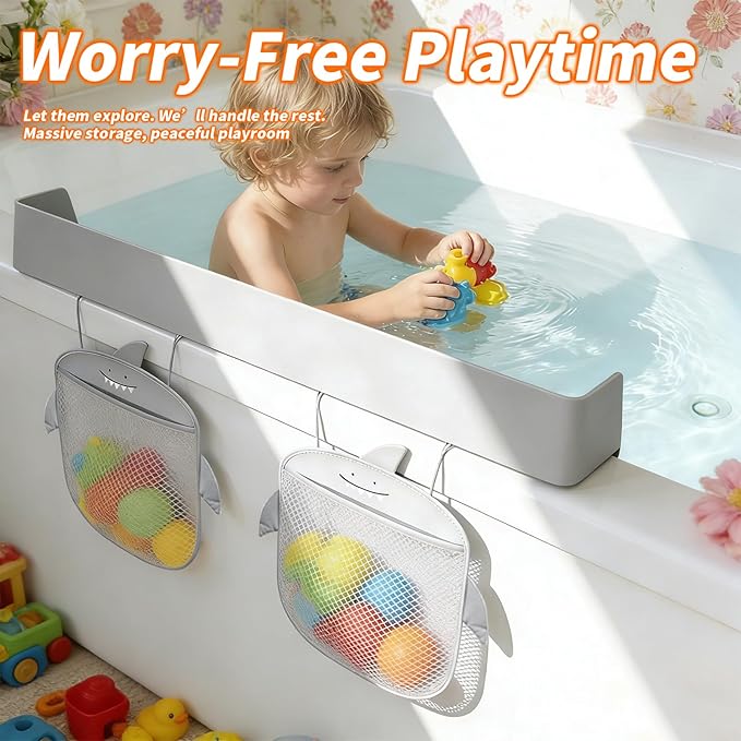 Extra-Long 31.5 Inch Bathtub Splash Guard for Kids,2 Storage Pockets Large Capacity Bath Toy Caddy Holder,Silicone Water Shield Prevent Bathroom Spills