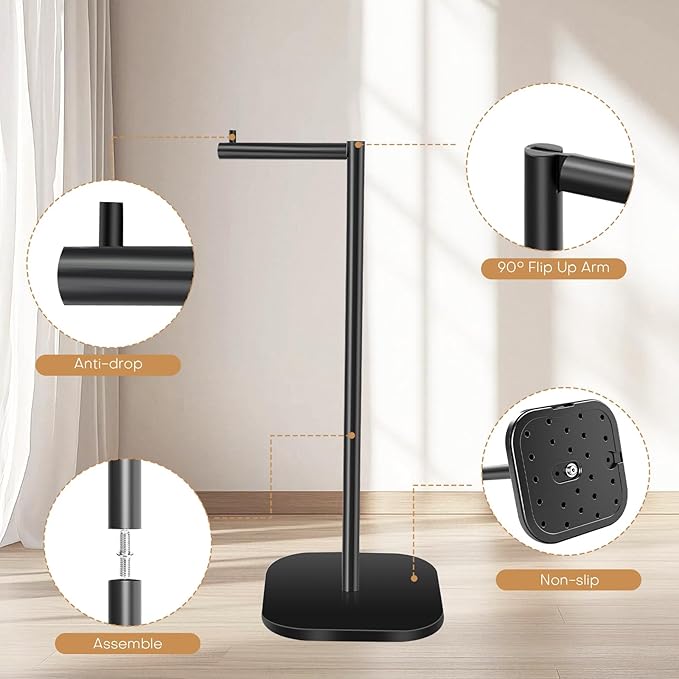 Toilet Paper Holder Stand Freestanding, Matte Black Toilet Paper Stand for Bathroom, Stainless Steel Toilet Paper Roll Holder with Storage,Tissue Holder,Non-Slip,Rust Proof