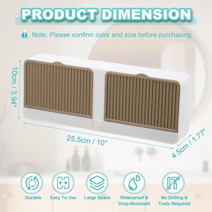 uxcell Soap Holder with Hook, 10 x 3.94 Inches Double Grid Wall Mounted No Drill Soap Dish for Shower, Bathroom & Kitchen - Self Draining Design Keeps Soap Dry (Khaki)
