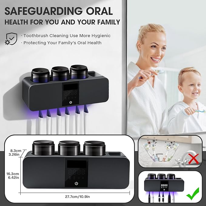 Wall-Mounted Smart Toothbrush Holder with Drying Function,Washroom Toothbrush Clean Holder No Drilling Required, with 3 Cups for Family (Black)