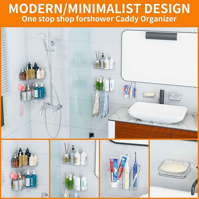 SuoXing 7 Pack Adhesive Corner Shower Caddies,100% Rustproof Acrylic Shower Shelves for Inside Shower,Large Capacity Plastic Wall Mounted Bathroom Shower Organizer with 8 Hooks,No Drilling,Clear