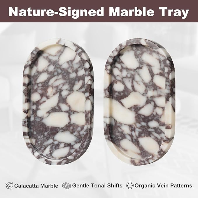 Natural Calacatta Viola Marble Tray 10"x6" - Non-Resin Bathroom Vanity Organizer & Kitchen Decor | Waterproof Oval Stone Serving Dish (Purple Portoro)