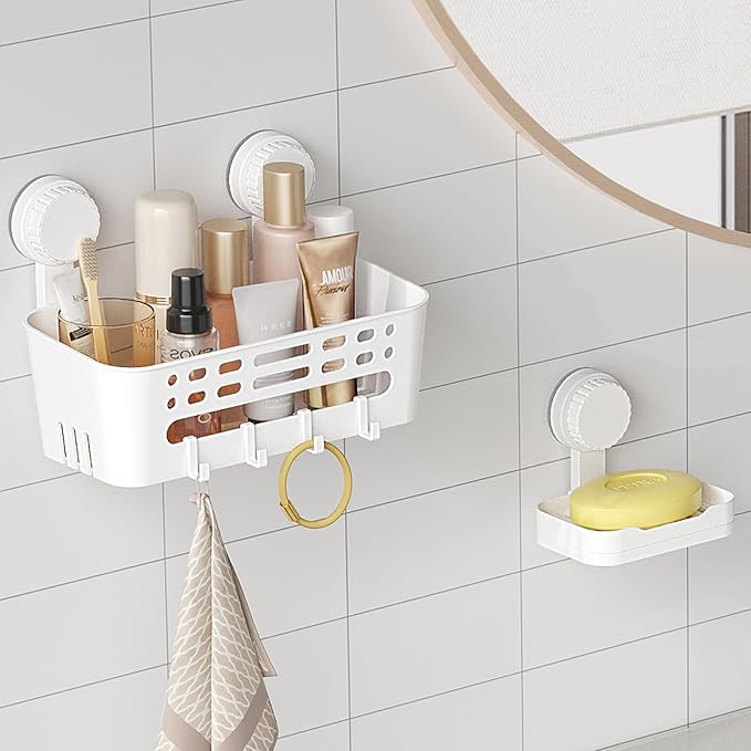 Lifewit Suction Cup Shower Caddy + Soap Dish, Removable Large Basket and Bar Soap Holder for Inside Shower, NO-Drilling Bathroom Kitchen Organizers, 26 x 17 x 14 cm/10 x 5 x 7 inch, Set of 1