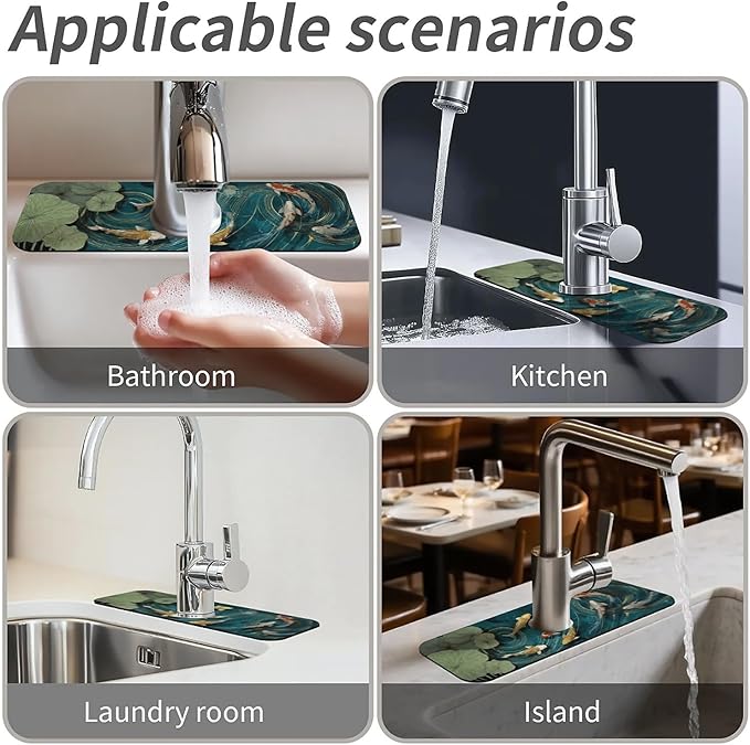 Kitchen Sink Splash Guard，koi fish swimming Faucet Mat Sink Gadgets-Super Absorbent Fast Drying Mat Drip Catcher for Kitchen, Bathroom,Sink Mat, Dish Drying Mat, Bathroom(15" X 5.5" )