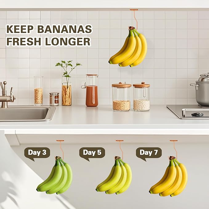Banana Hanger Hook – Space Saving Banana Holder Hanger to Keep Bananas Fresh, Self Adhesive and Screw Banana Hook 1Pack Rose Gold