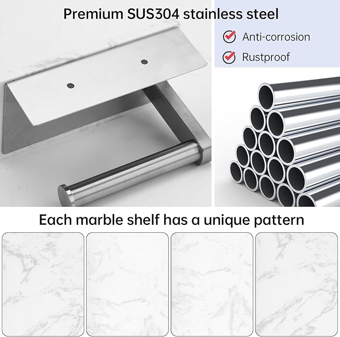 Toilet Paper Holder with Marble Shelf, SUS304 Stainless Steel Wall Mounted Toilet Paper Holder and 2 PCS Free Adhesive Hooks for Bathroom Washroom