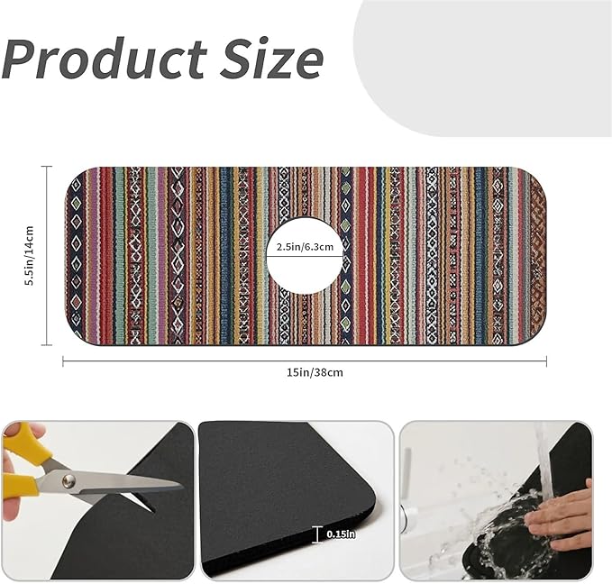 Kitchen Sink Splash Guard，Tribal，Bohemian style Faucet Mat Sink Gadgets-Super Absorbent Fast Drying Mat Drip Catcher for Kitchen, Bathroom,Sink Mat, Dish Drying Mat, Bathroom(15" X 5.5" )