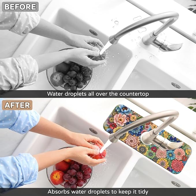 Kitchen Sink Splash Guard Faucet Mat Boho Flowers 2PCS Super Absorbent Fast Drying Faucet Guard & Draining Mat Sink Splash Guard Behind Faucet Drip Catcher for Kitchen Bathroom RV (15.4" X 5.7" )