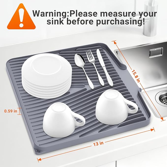 Silicone Dish Drying Mat for Kitchen Counter, 15.8" x 13"Dish Drying Pad, Non-Slip Drain Pad with Built-in Drain, Heat Resistant Stone Drying Mat, Grey