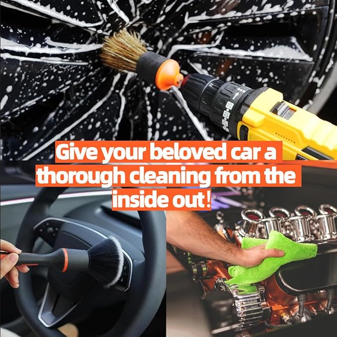 9Pcs Car Drill Brush Set, 5Pcs Attachment Heads for Cleaning Air Vent Automotive Interior or Exterior, Used on Electric Drill, Electric Driverrs. Additional Free: A Towel & A TPR Rubber-Coated Handle