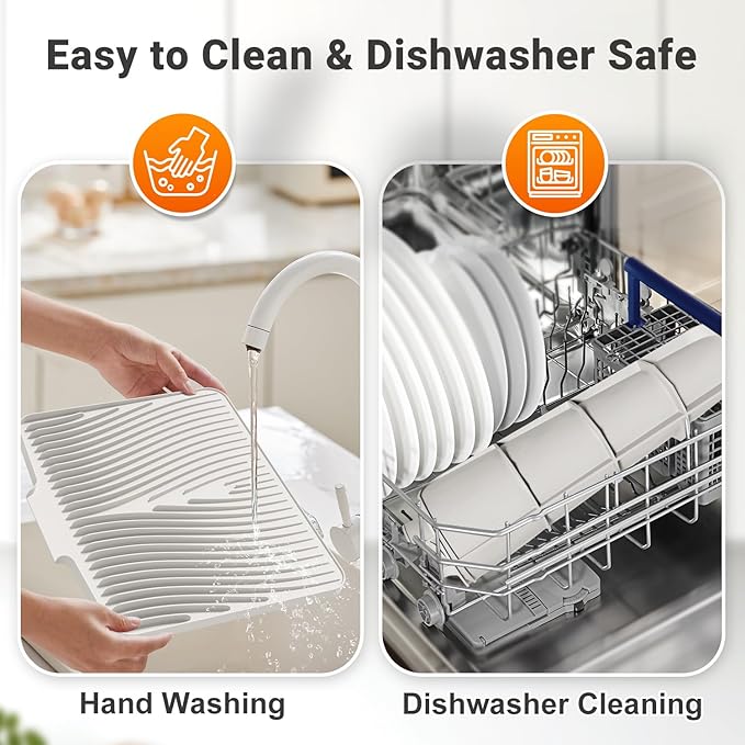 Silicone Dish Drying Mat for Kitchen Counter, 15.8" x 13"Dish Drying Pad, Non-Slip Drain Pad with Built-in Drain, Heat Resistant Stone Drying Mat, Cream