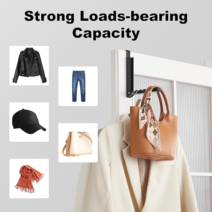 2 Pack Over The Door Hooks Hanger for Clothes, Foldable Over The Door Drying Rack for Laundry, Overdoor Hanger Hook with 6 Groves for Towel, Coat, Black